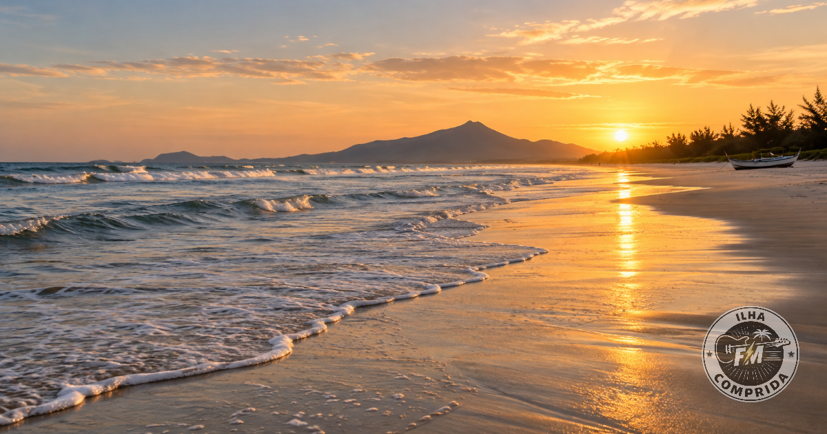 Fim de tarde em Ilha Comprida com paisagem costeira e natureza
