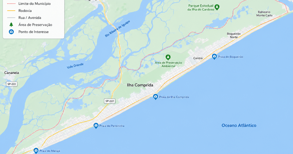 Mapa mostrando a localização de Ilha Comprida no litoral sul do estado de São Paulo.
