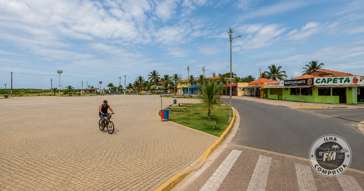Vista da área urbana de Ilha Comprida, com avenida, ciclista, espaços abertos e comércios próximos à praia.