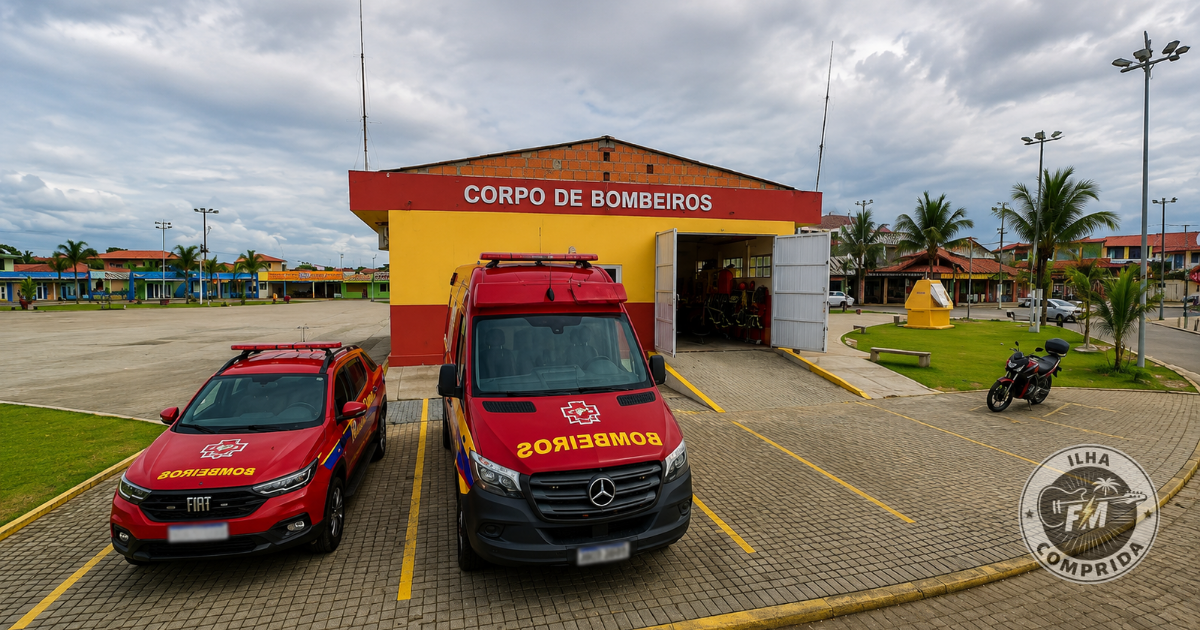 Base do Corpo de Bombeiros de Ilha Comprida, responsável pelo atendimento de emergências e pelo apoio aos moradores e turistas.