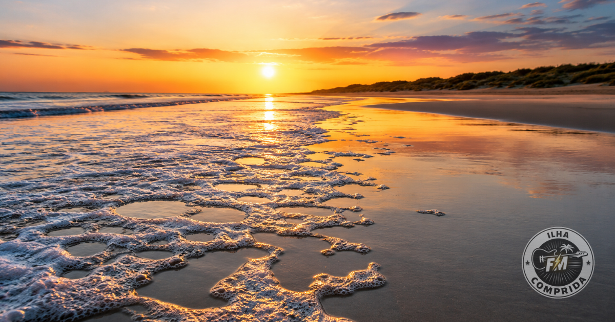 Praia de Ilha Comprida ao entardecer, com a luz do sol refletida na areia e nas águas do litoral.