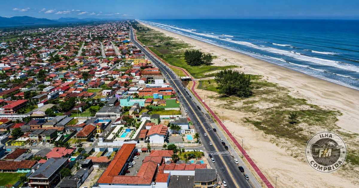 Vista aérea da orla de Ilha Comprida, mostrando a praia, a ciclovia, a avenida e a área urbana próxima ao mar.