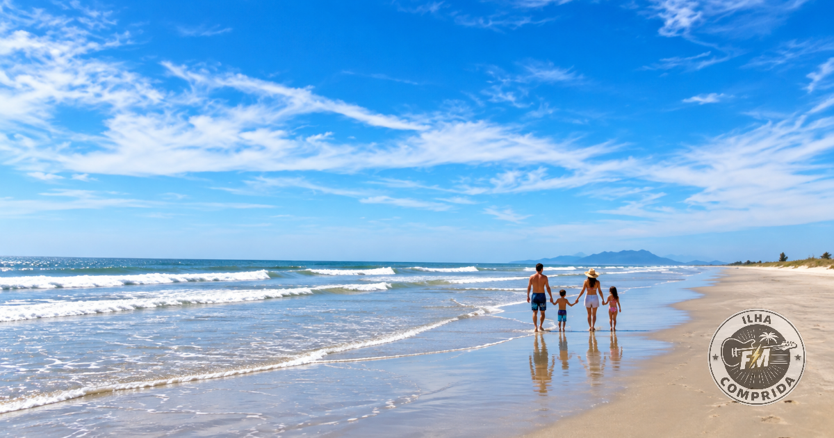 Família caminhando na praia de Ilha Comprida com crianças