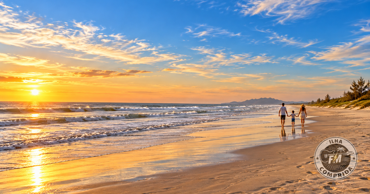 Família aproveitando o fim da tarde na orla de Ilha Comprida