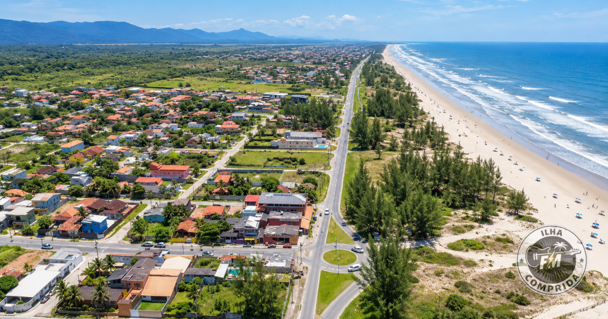 Vista aérea da praia e área urbana de Ilha Comprida