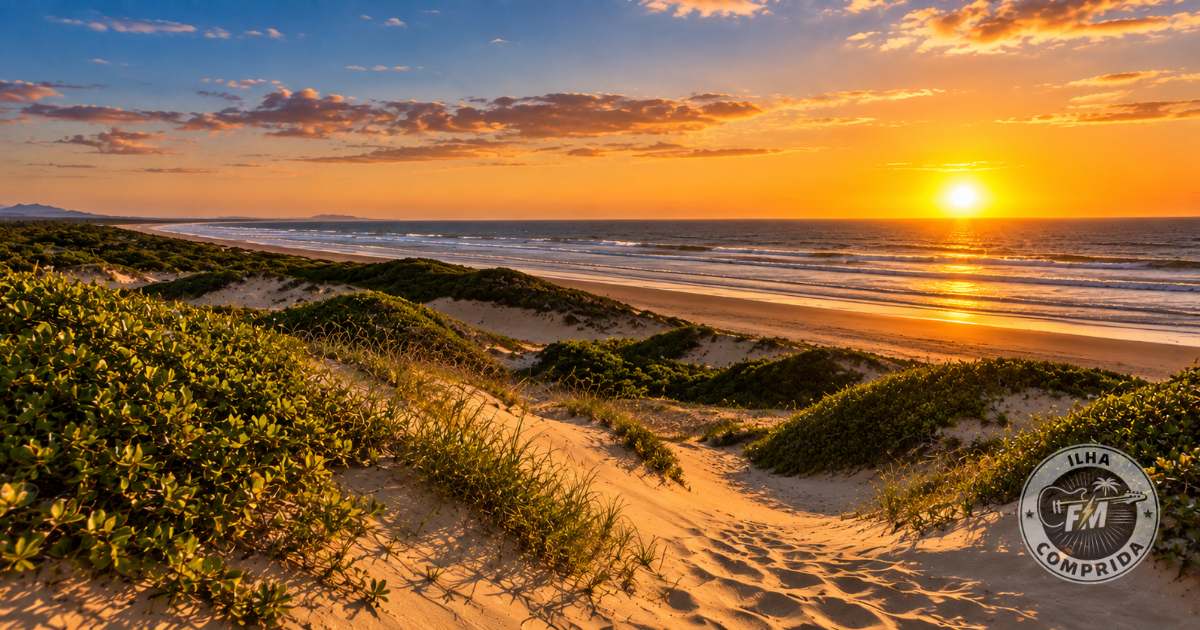 Paisagem de dunas e praia em Ilha Comprida no fim da tarde