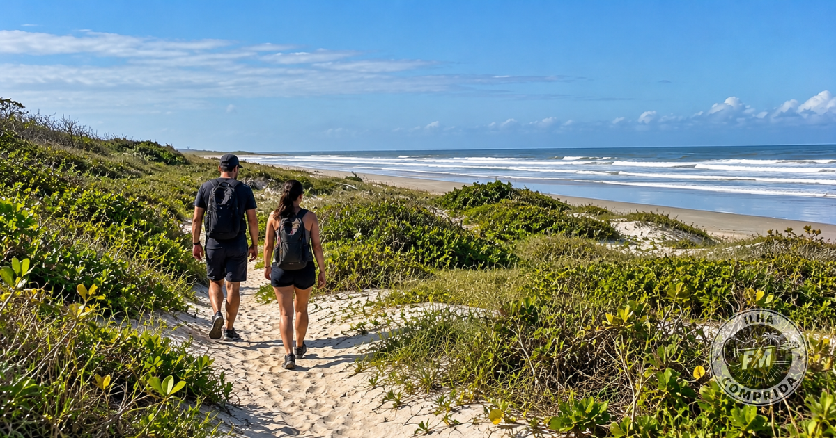 Pessoas caminhando por trilha em ambiente natural costeiro