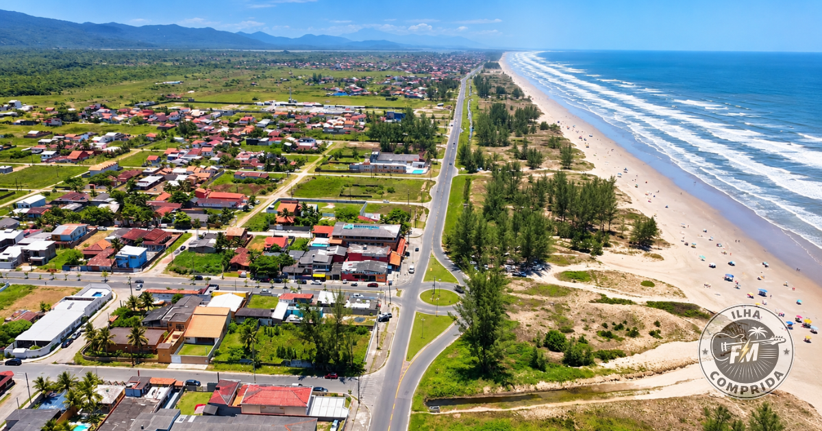 Vista aérea da área urbana e da faixa litorânea de Ilha Comprida