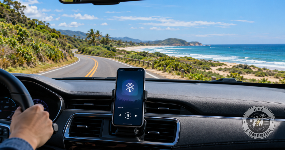 Rádio online acompanhando viagem por estrada litorânea.