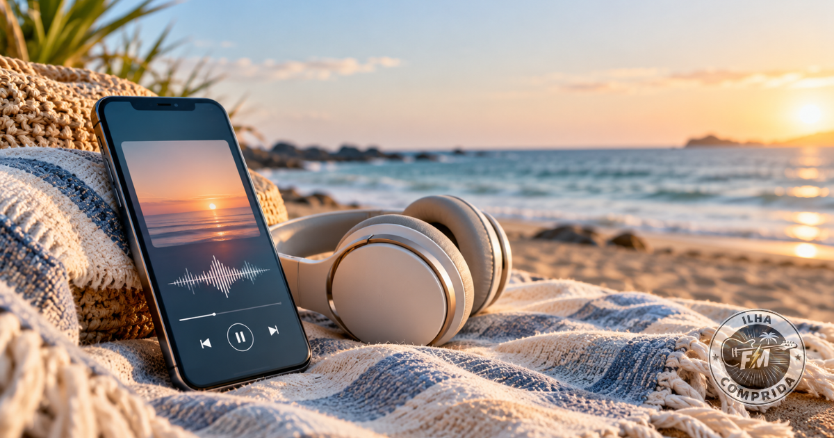 Celular reproduzindo rádio online com praia de Ilha Comprida ao fundo