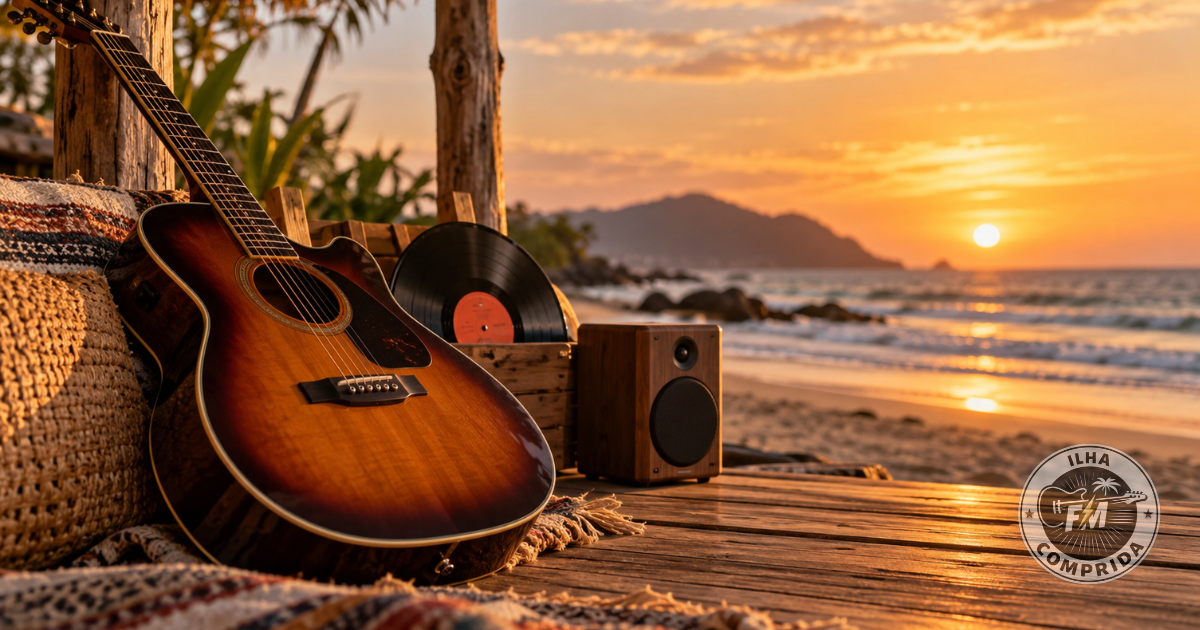 Instrumentos e elementos musicais representando rock, reggae e clássicos da Ilha Comprida FM